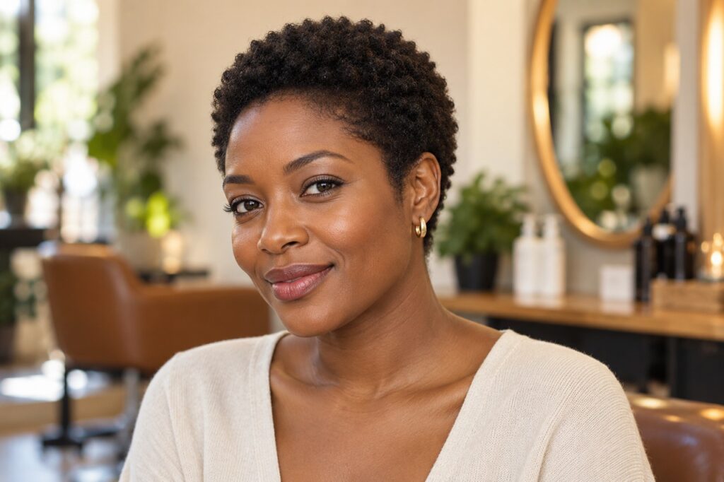 Femme noire portant un afro très court compact de type TWA.