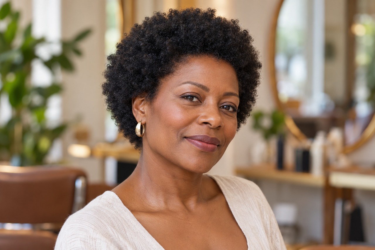 Femme noire avec un afro court arrondi dans sa texture naturelle.