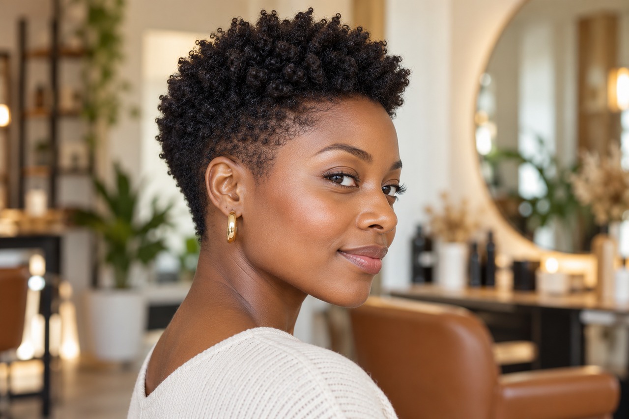 Femme noire portant un tapered cut naturel avec côtés courts et volume sur le dessus.