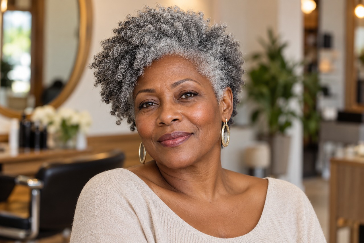 Femme noire aux cheveux argentés portant un afro court légèrement asymétrique.