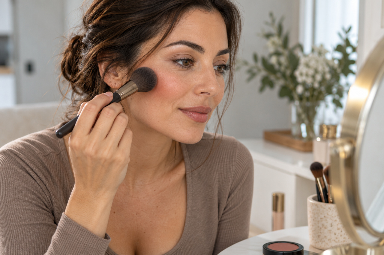Application légère d’un blush brun rosé sur la pommette avec un pinceau souple.