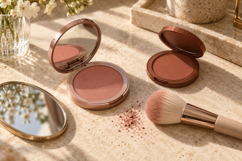 Deux blushs brun rosé et terre cuite, un pinceau et des miroirs sur une coiffeuse claire.