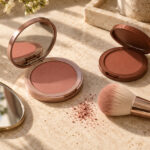Deux blushs brun rosé et terre cuite, un pinceau et des miroirs sur une coiffeuse claire.