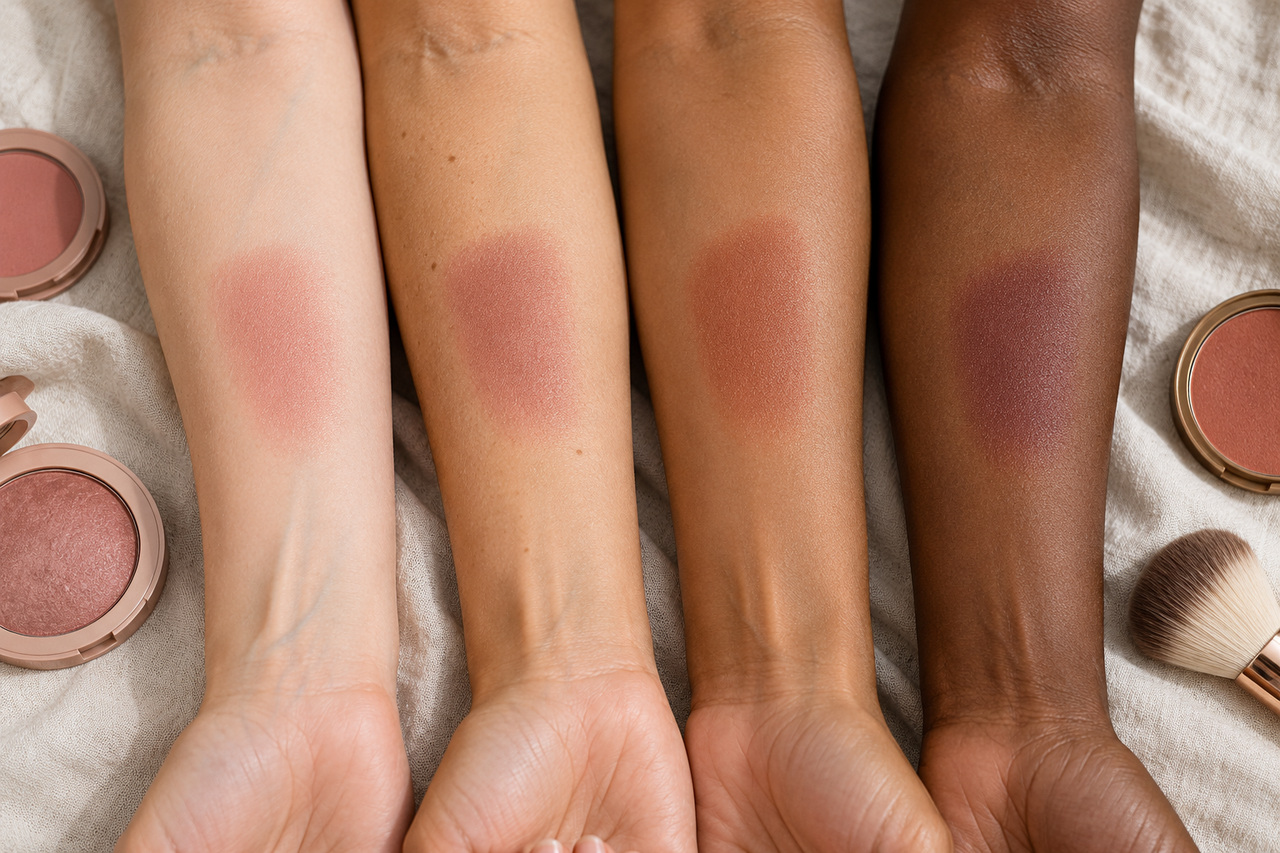 Illustration de nuances de blush rosé, brun et terre cuite sur quatre carnations différentes.