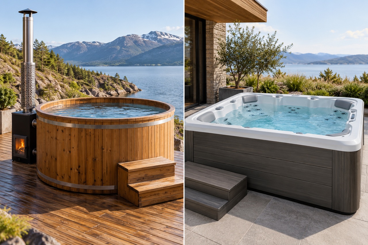 Bain nordique en bois et spa à jets présentés côte à côte.