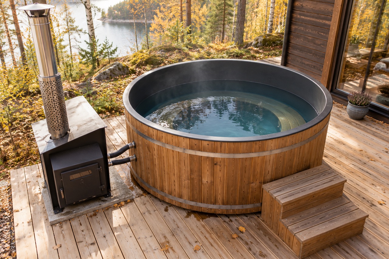 Bain nordique rond avec habillage en bois et poêle externe sur une terrasse.