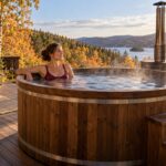 Femme profitant d’un bain nordique sur une terrasse entourée d’arbres en automne.