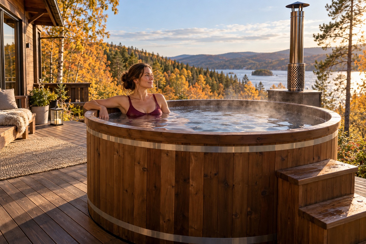 bain-nordique-hero-1280×853-1 Femme profitant d’un bain nordique sur une terrasse entourée d’arbres en automne.