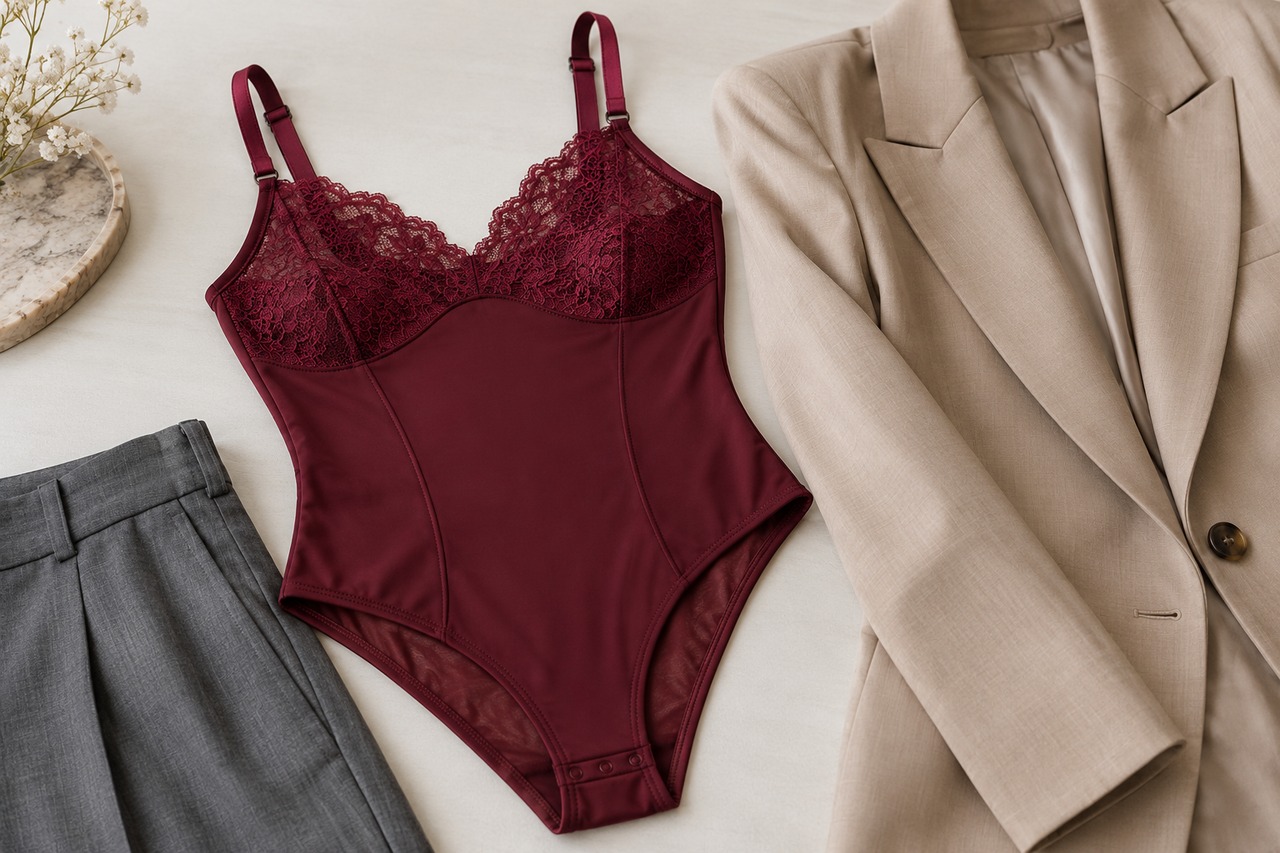 Body bordeaux opaque à bordure de dentelle, avec un blazer beige.