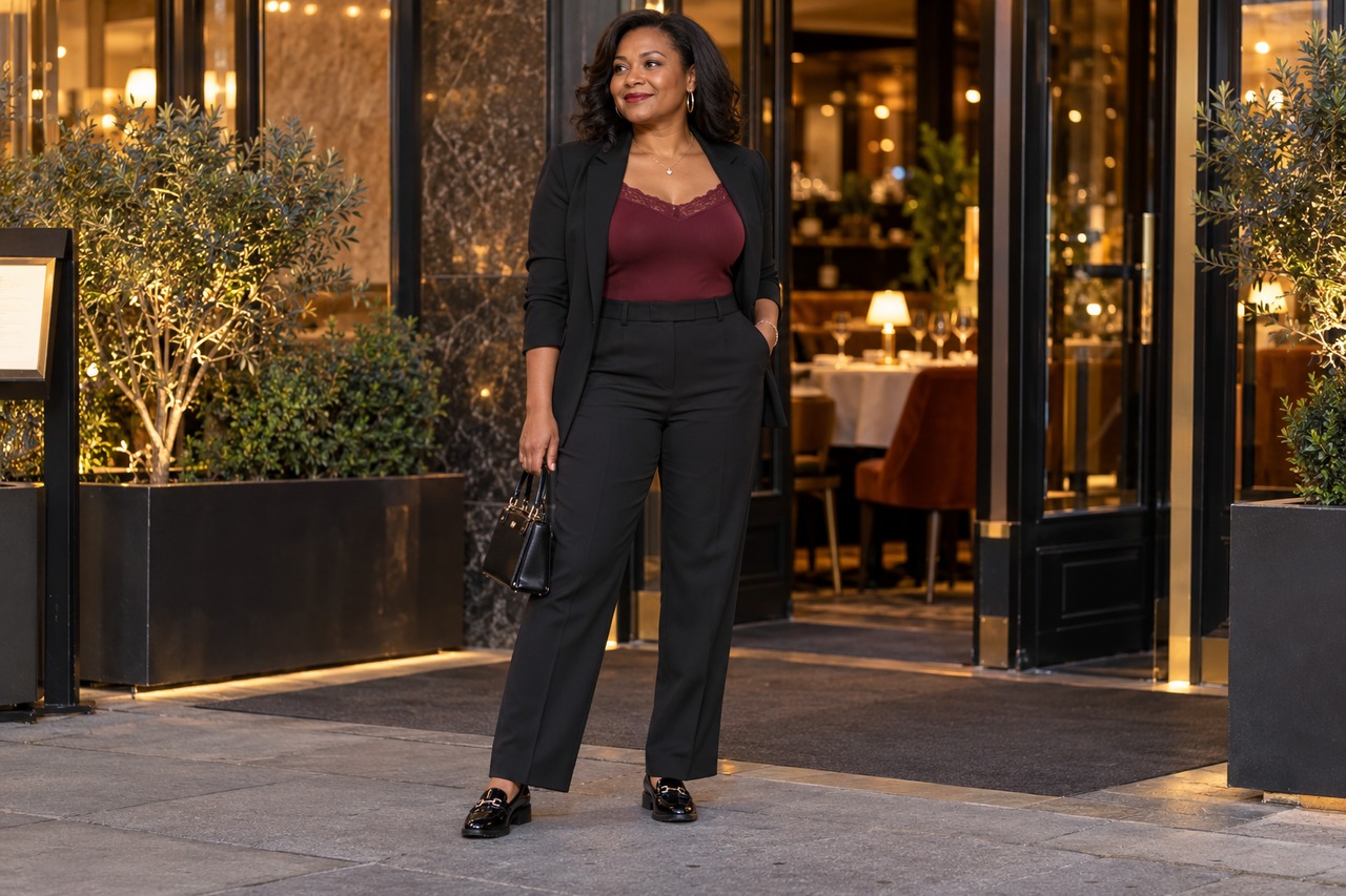 Body haut bordeaux avec blazer et pantalon noirs, porté avec des mocassins.