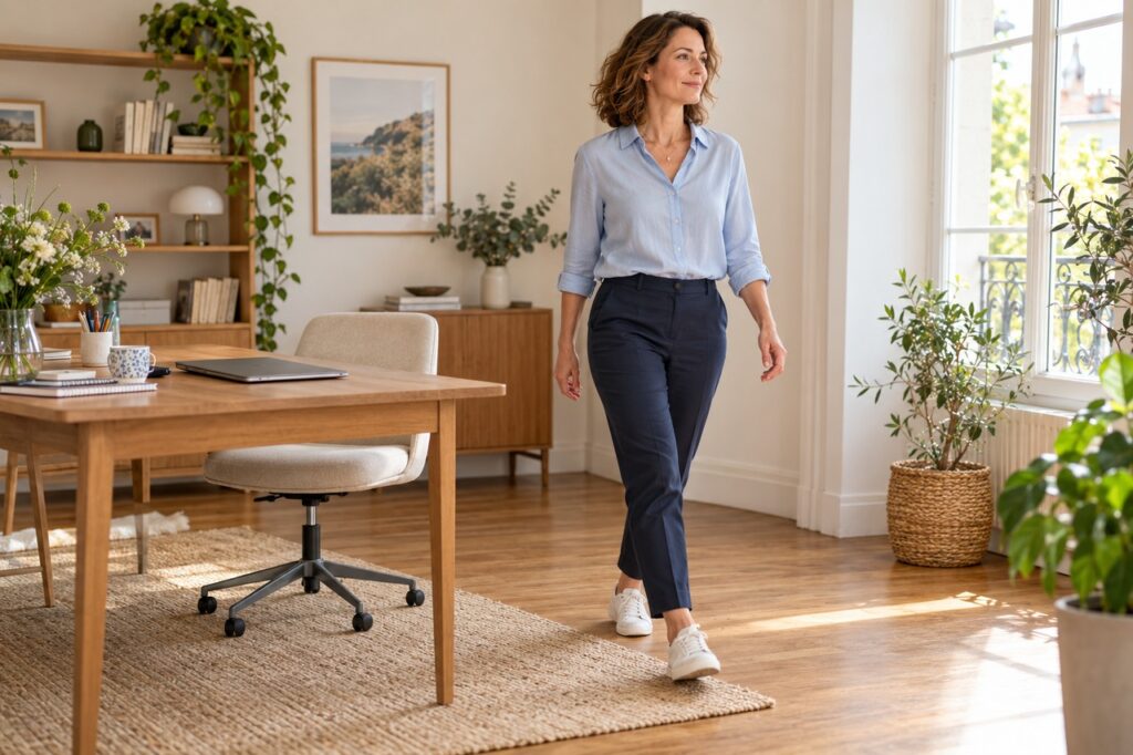Femme quittant son bureau pour marcher quelques instants dans son espace de télétravail.