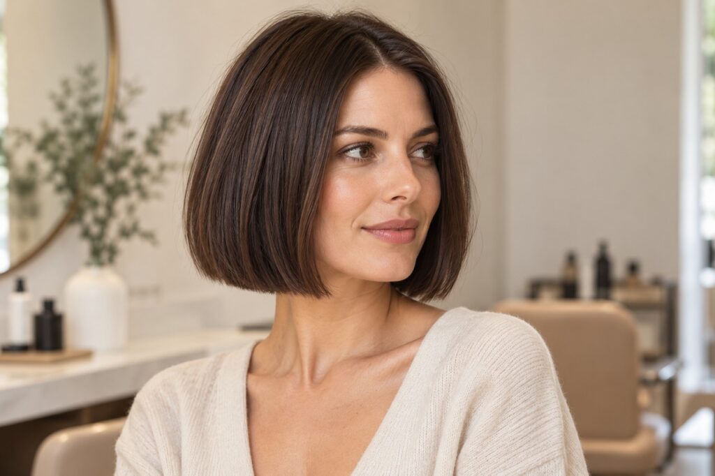 Femme brune portant un carré court droit au niveau du menton.