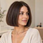 Femme brune portant un carré court droit au niveau du menton.