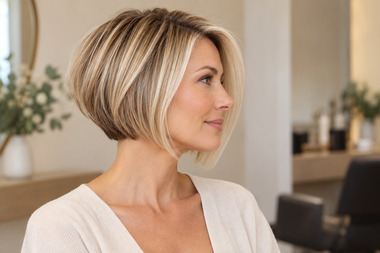 Profil de femme blonde avec un carré plongeant court et une nuque dégagée.