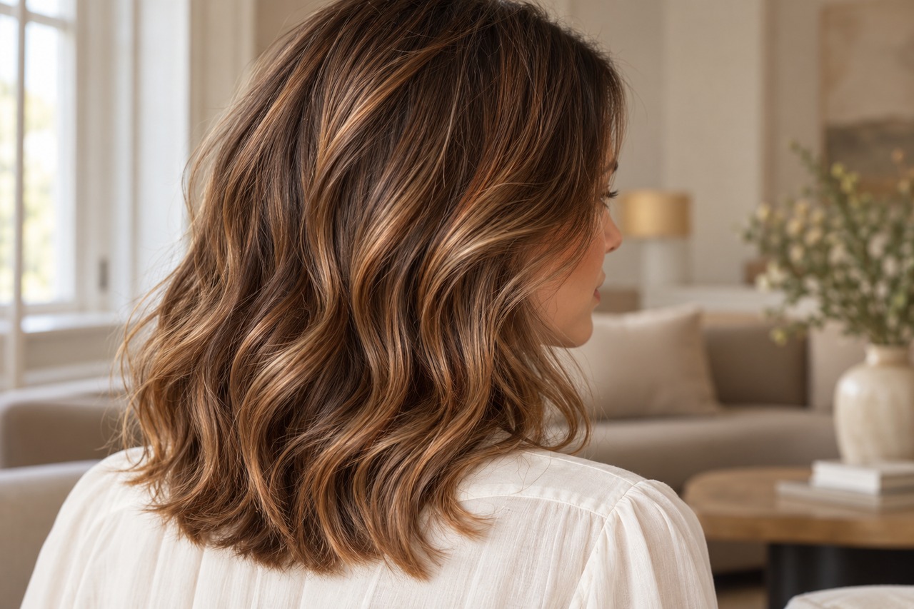 Cheveux châtains ondulés avec de fins reflets cannelle et dorés.