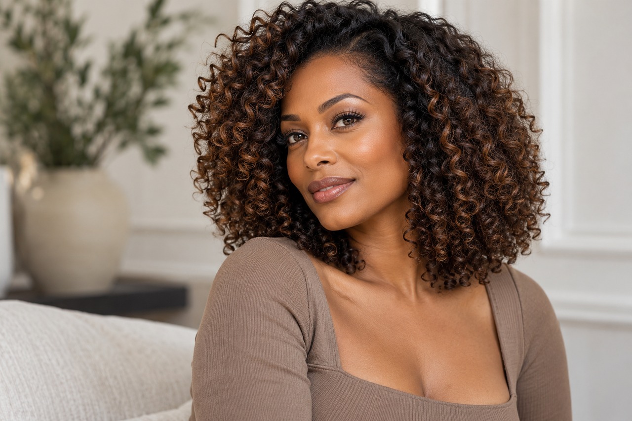 Cheveux bruns bouclés avec quelques nuances cannelle discrètes.