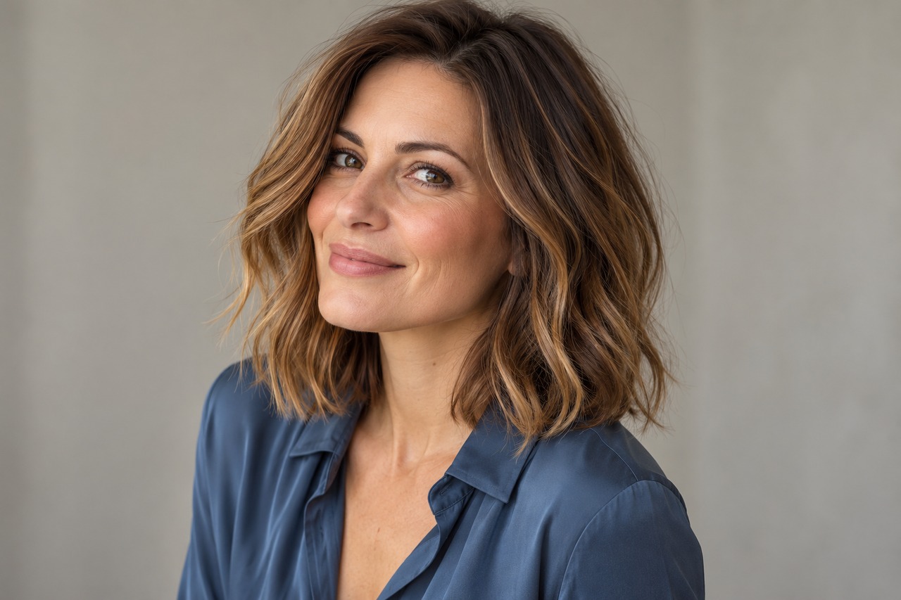 cinnamon-bronde-4 Carré long bronde aux reflets cannelle subtils, vu de face.