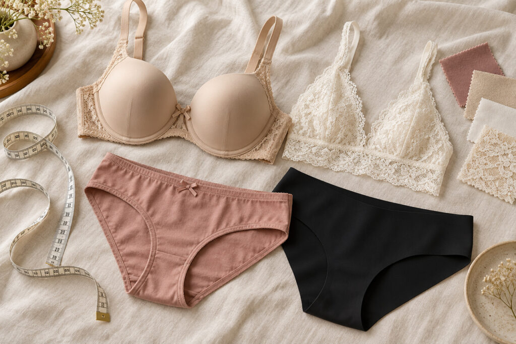 Soutien-gorge beige, bralette en dentelle, culottes rose et noire, mètre ruban et échantillons de tissus sur du lin clair.