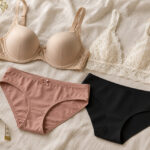 Soutien-gorge beige, bralette en dentelle, culottes rose et noire, mètre ruban et échantillons de tissus sur du lin clair.