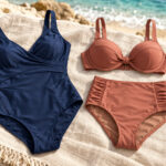 Maillot de bain une pièce marine et bikini terracotta à taille haute, avec un mètre ruban sur du lin près de la mer.