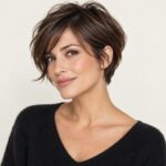 Femme brune avec une bixie souple autour des oreilles et une mèche latérale.