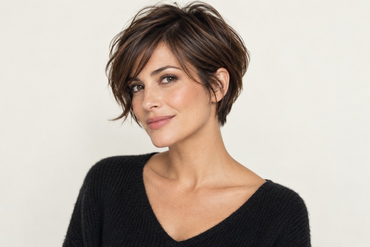 Femme brune avec une bixie souple autour des oreilles et une mèche latérale.