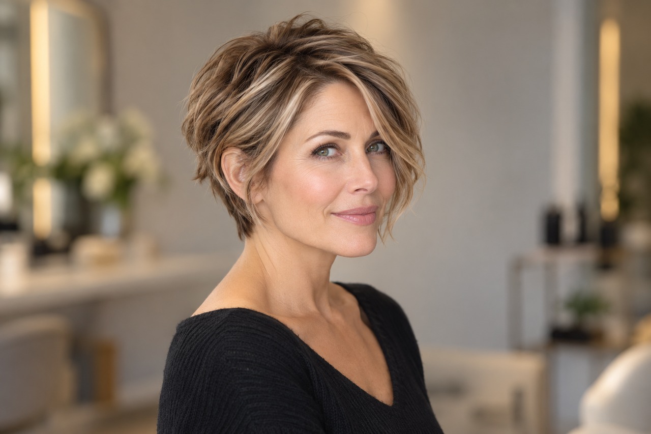 Femme blonde avec une coupe bixie et une longue mèche latérale.