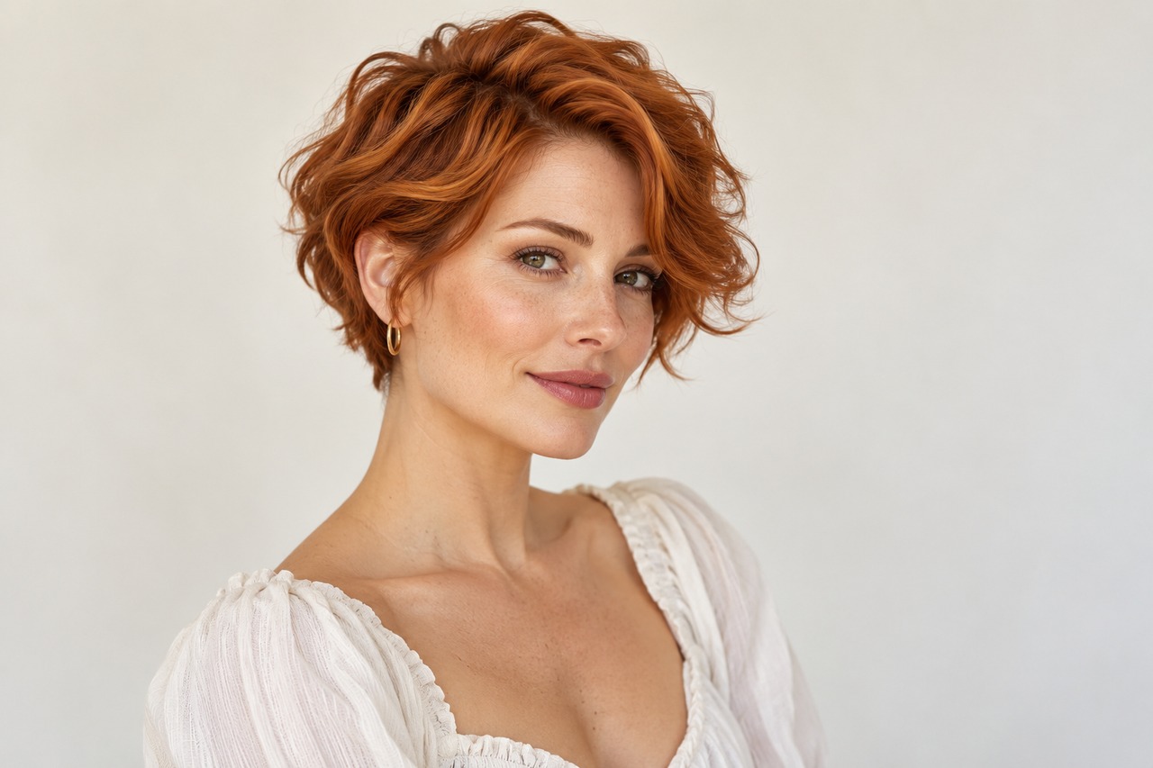 Femme aux cheveux cuivrés ondulés portant une coupe bixie.