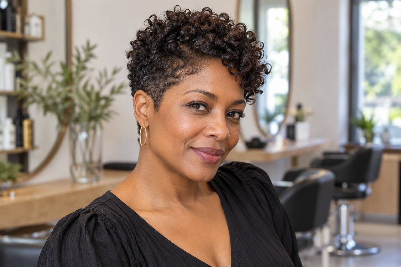 Femme noire avec une pixie bouclée, des côtés courts et des boucles plus longues sur le dessus.