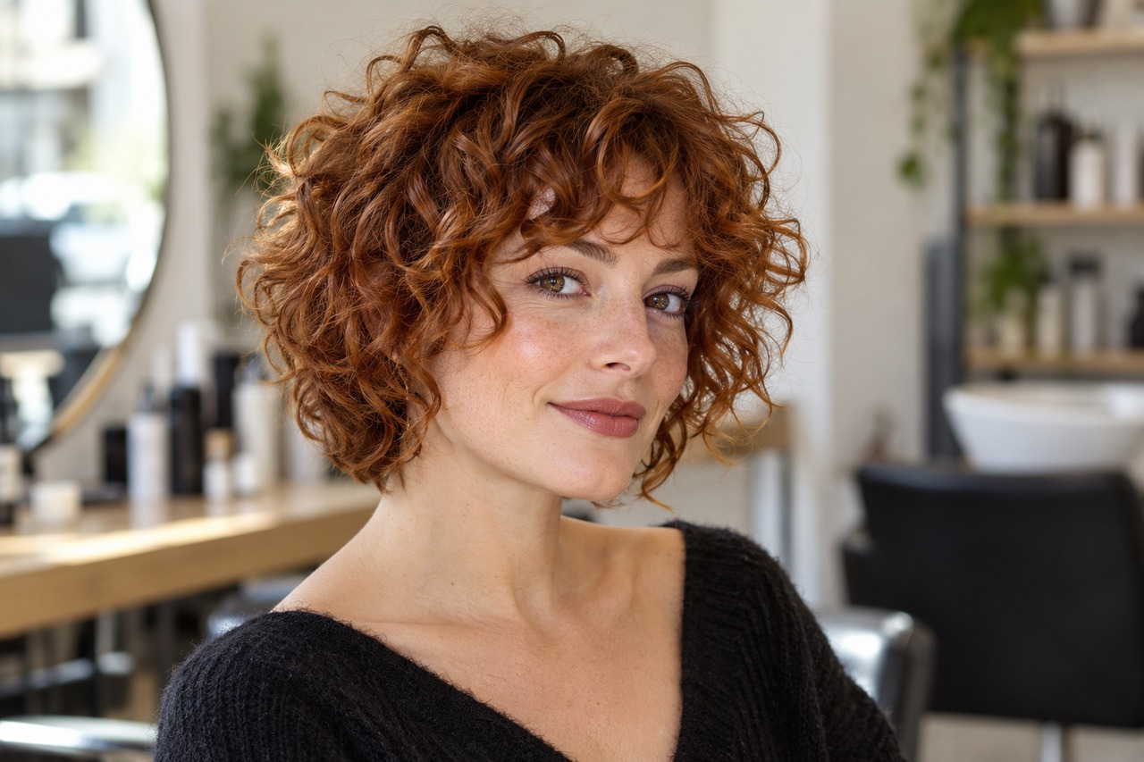 Femme aux cheveux cuivrés avec un shag court et une frange bouclée.