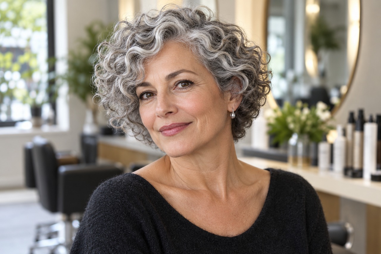 Femme aux cheveux argentés avec une coupe courte arrondie et des boucles en spirale.
