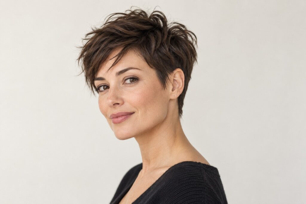Femme brune portant une coupe pixie courte et texturée, vue de trois quarts.