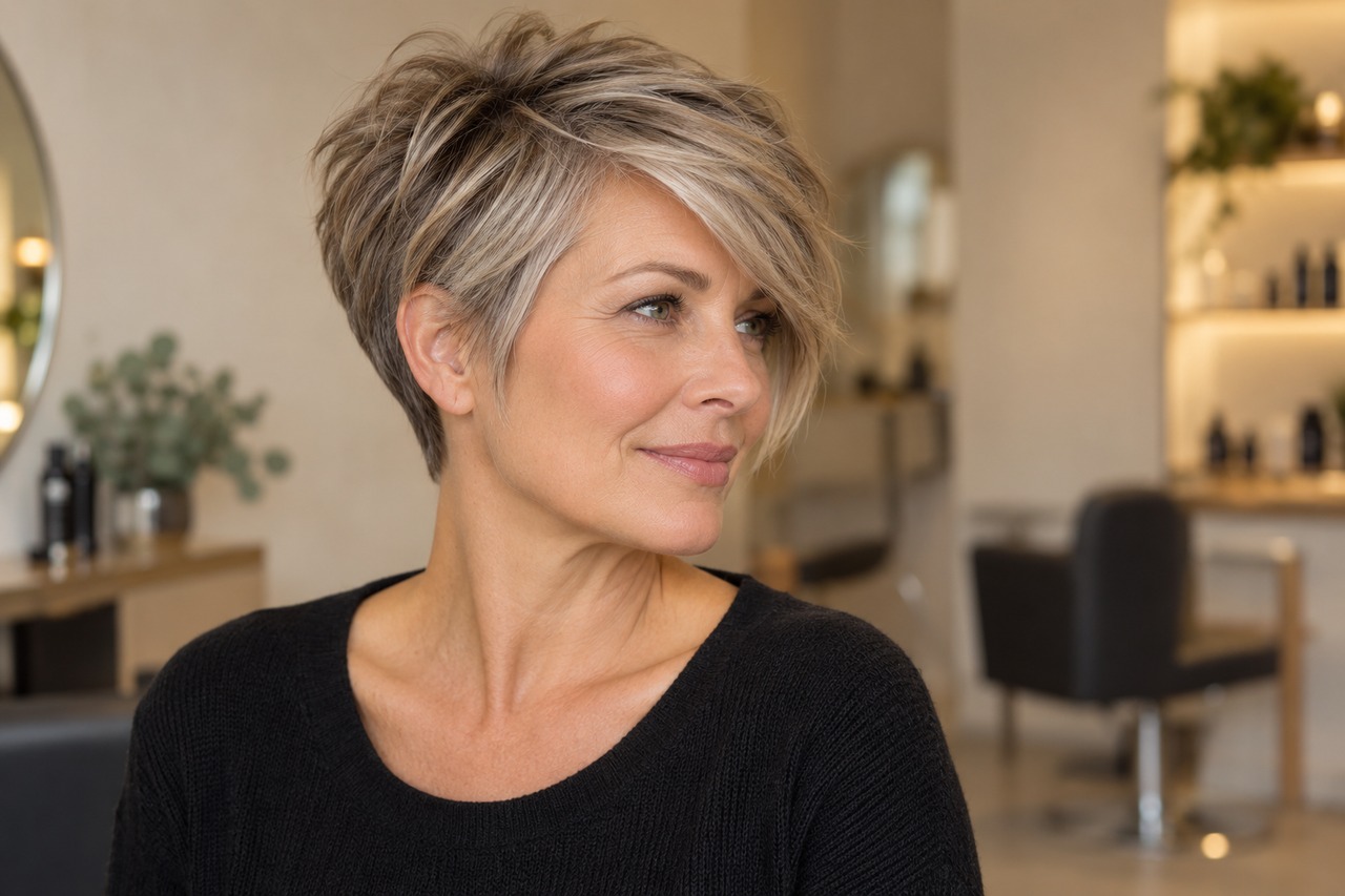 Femme aux cheveux gris et blonds portant un pixie long avec une mèche sur le côté.