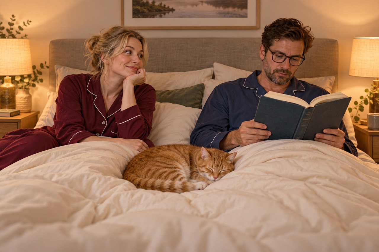Une femme blonde adulte regarde son partenaire absorbé par un roman, tandis qu’un chat dort entre eux sur la couette.