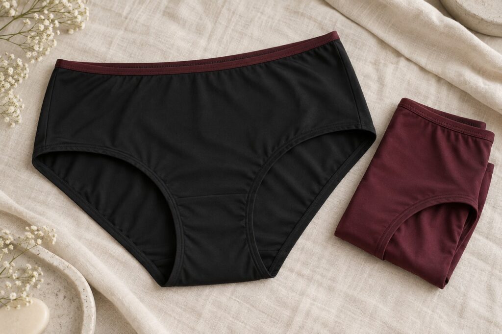 Culotte noire à tissu lisse et culotte bordeaux pliée sur du lin clair.