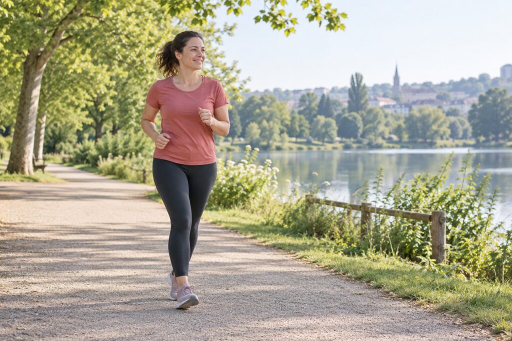 Femme adulte courant à petite allure sur un chemin au bord de l’eau.