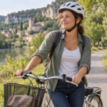 Femme portant un casque et tenant son vélo de ville sur un chemin calme au bord de l’eau.