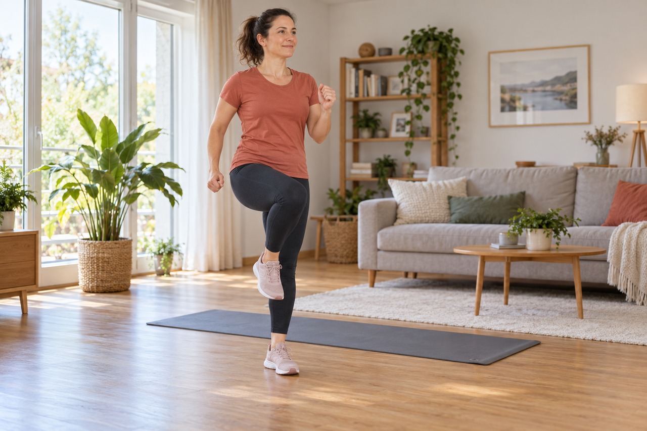 Femme en tenue sportive réalisant une marche sur place avant une séance à la maison.