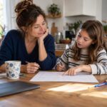 Une mère et son enfant discutent autour du projet de règles familiales.