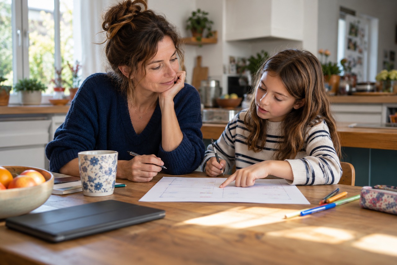 Une mère et son enfant discutent autour du projet de règles familiales.