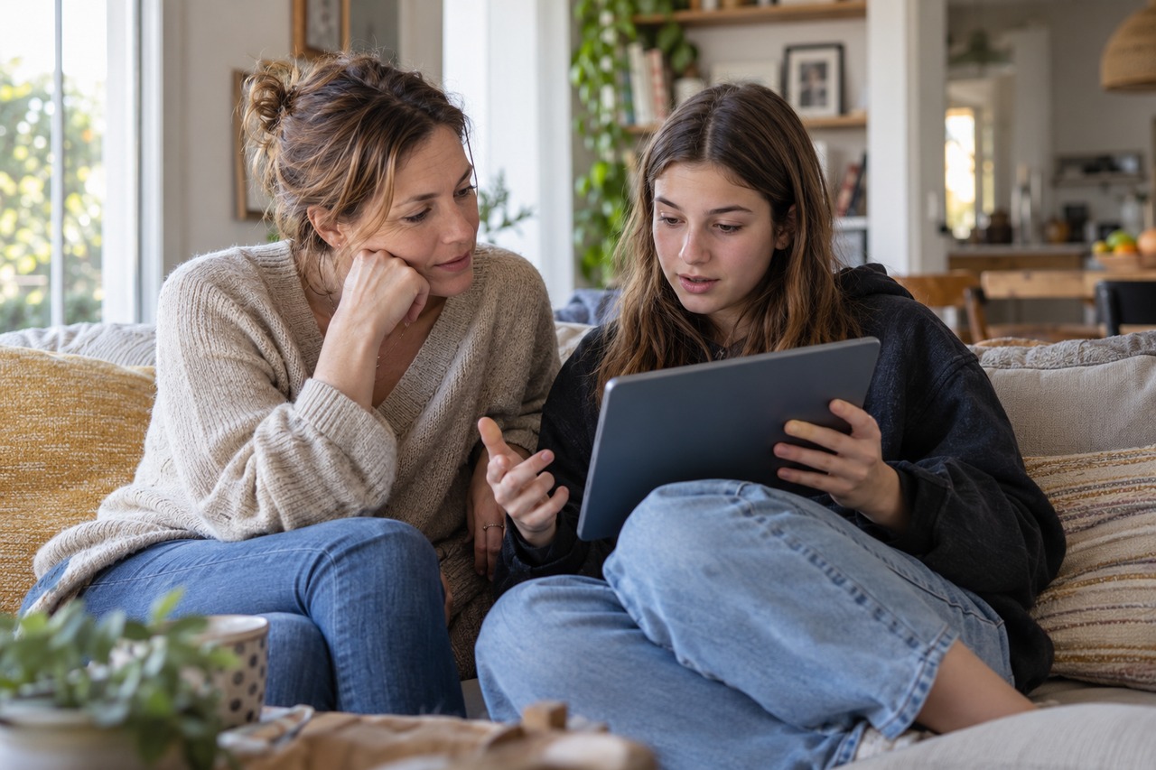 Une mère et sa fille adolescente échangent à propos de la tablette.