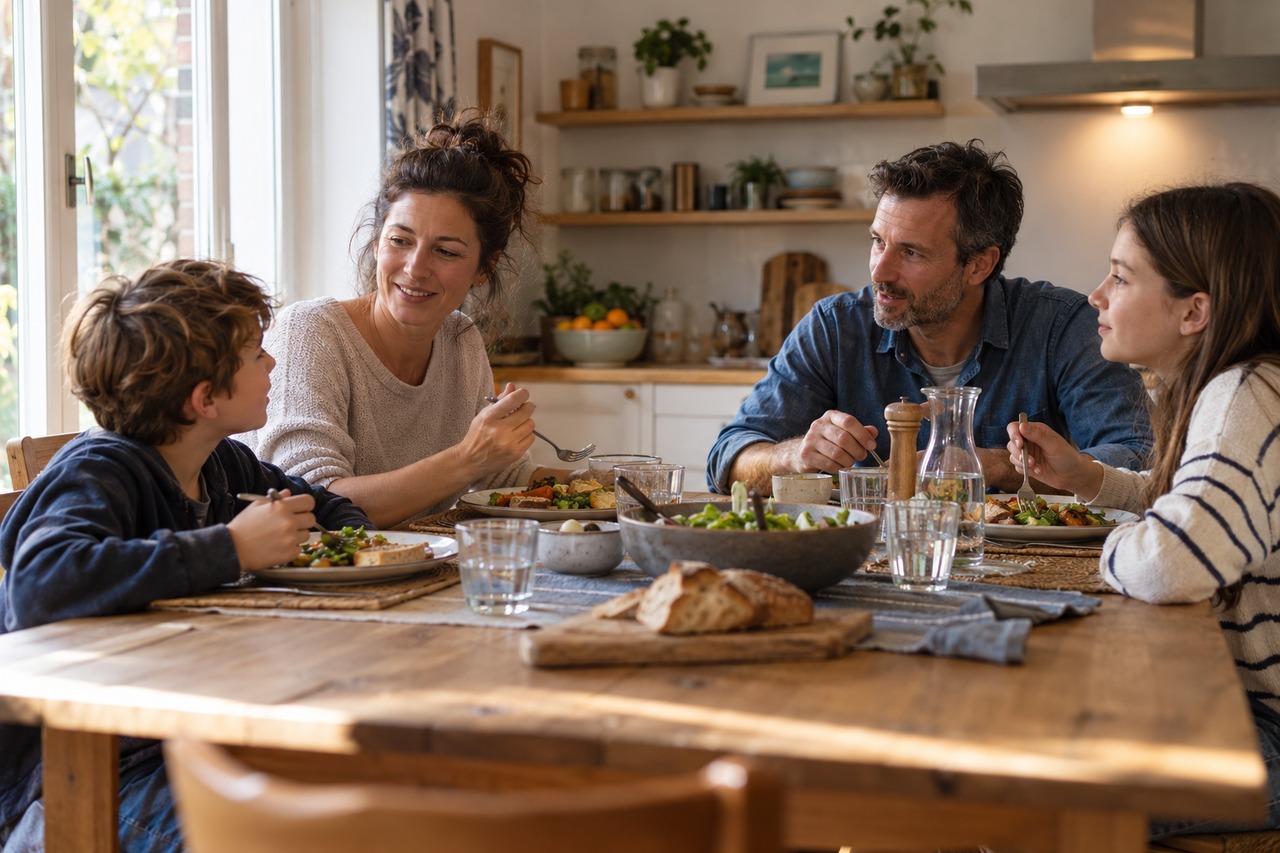 Une famille partage un repas sans appareils sur la table.