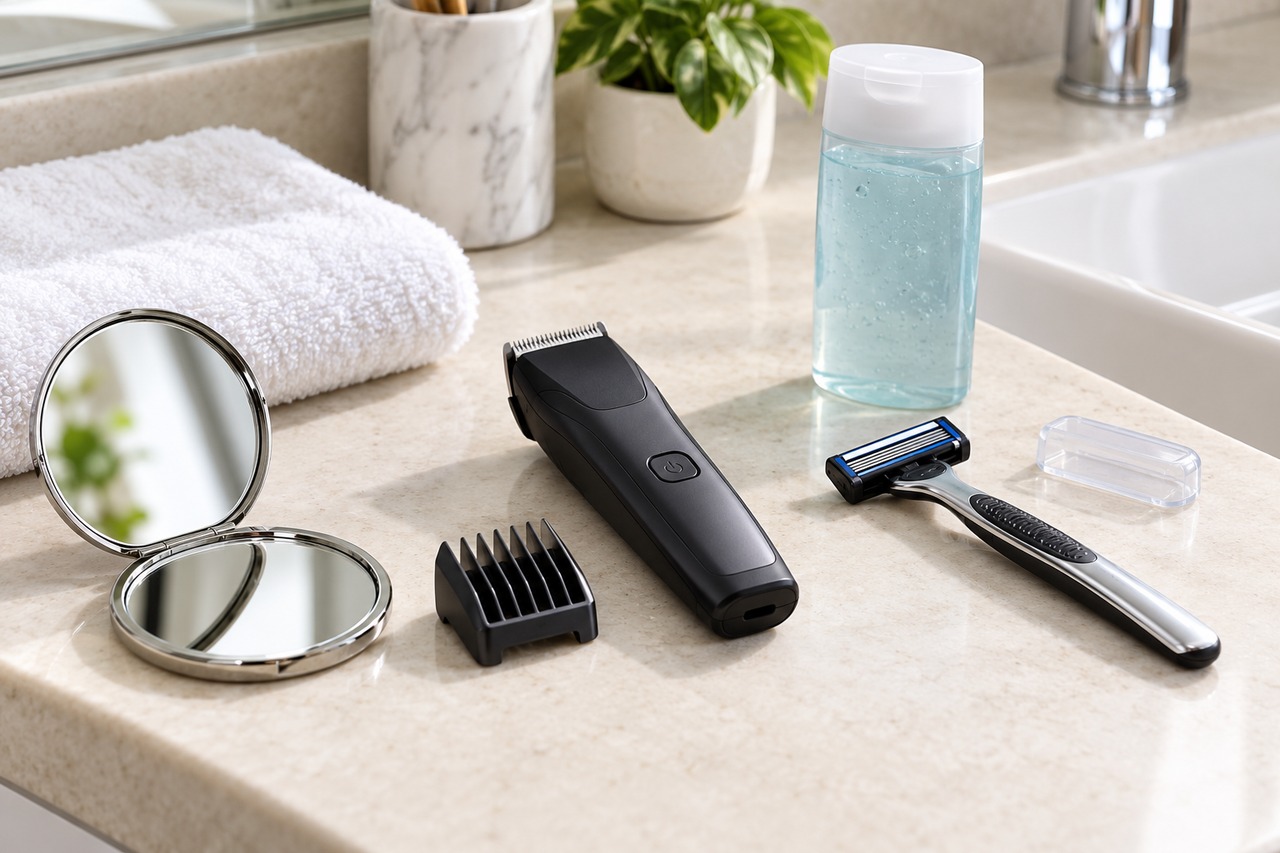 Tondeuse avec sabot, miroir et accessoires propres sur un plan de toilette.