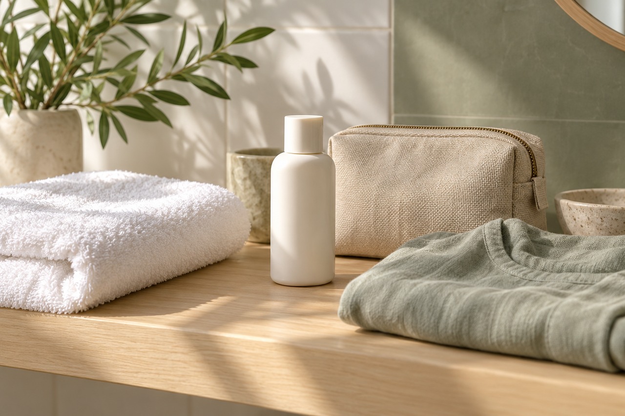 Serviette propre, soin fermé et trousse de toilette pour une routine simple.