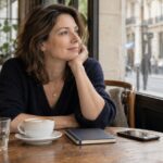 Une femme prend un moment au café avec son téléphone posé sur la table.