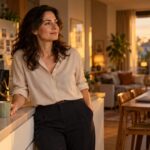 Femme en chemise beige s’accordant un moment de pause chez elle après sa journée de travail.