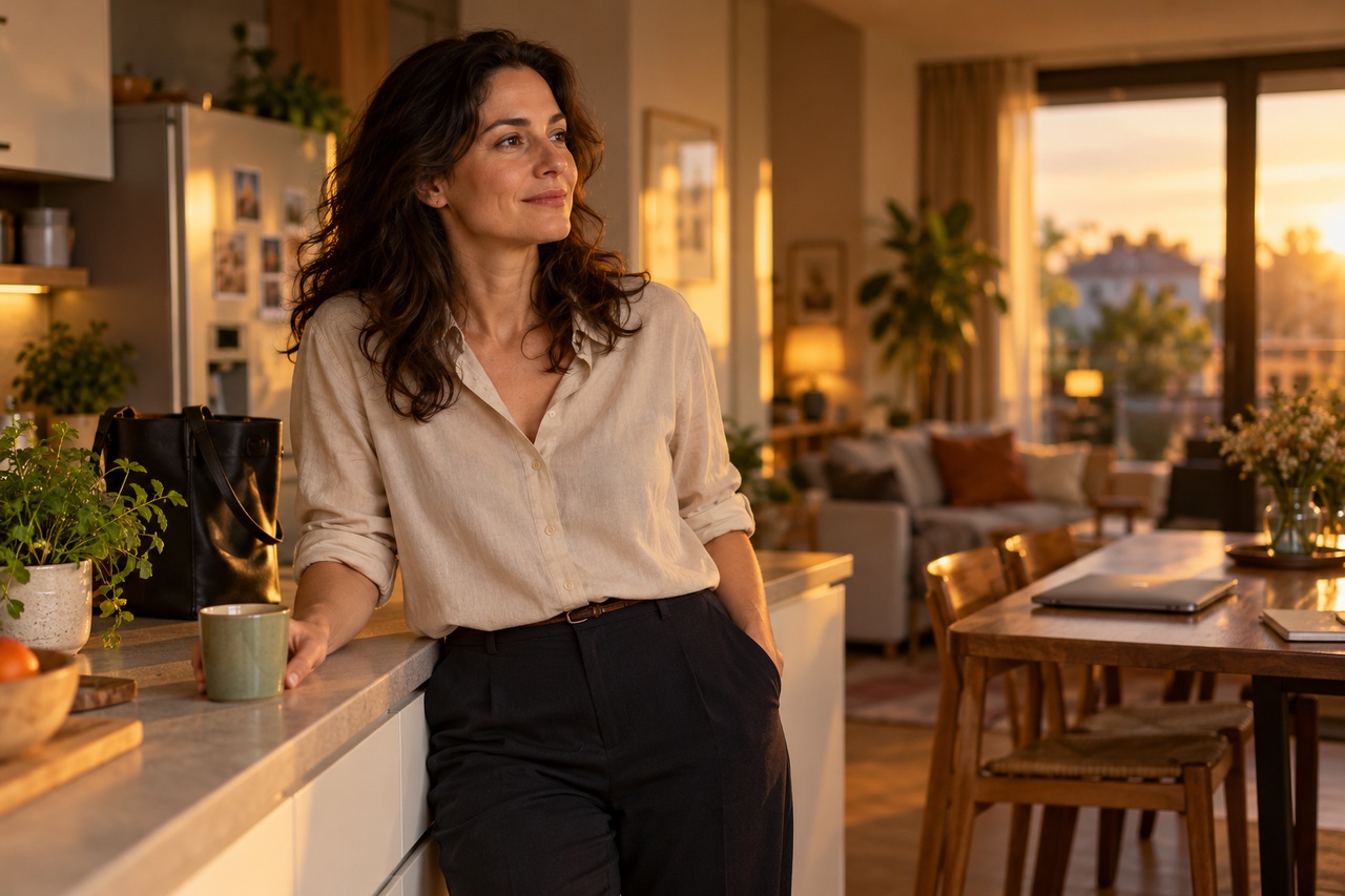 Femme en chemise beige s’accordant un moment de pause chez elle après sa journée de travail.