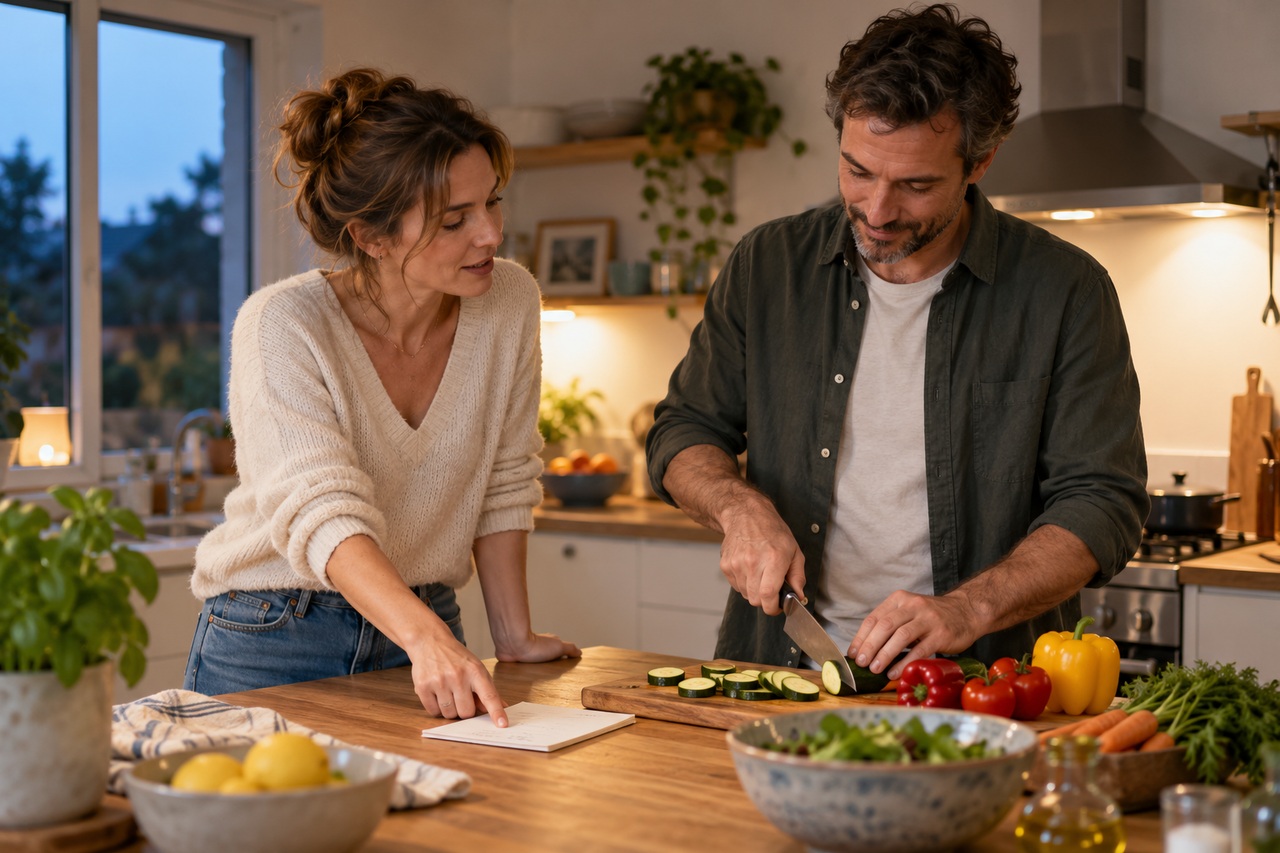 Deux adultes échangent dans une cuisine pendant que l’un prépare un repas simple.