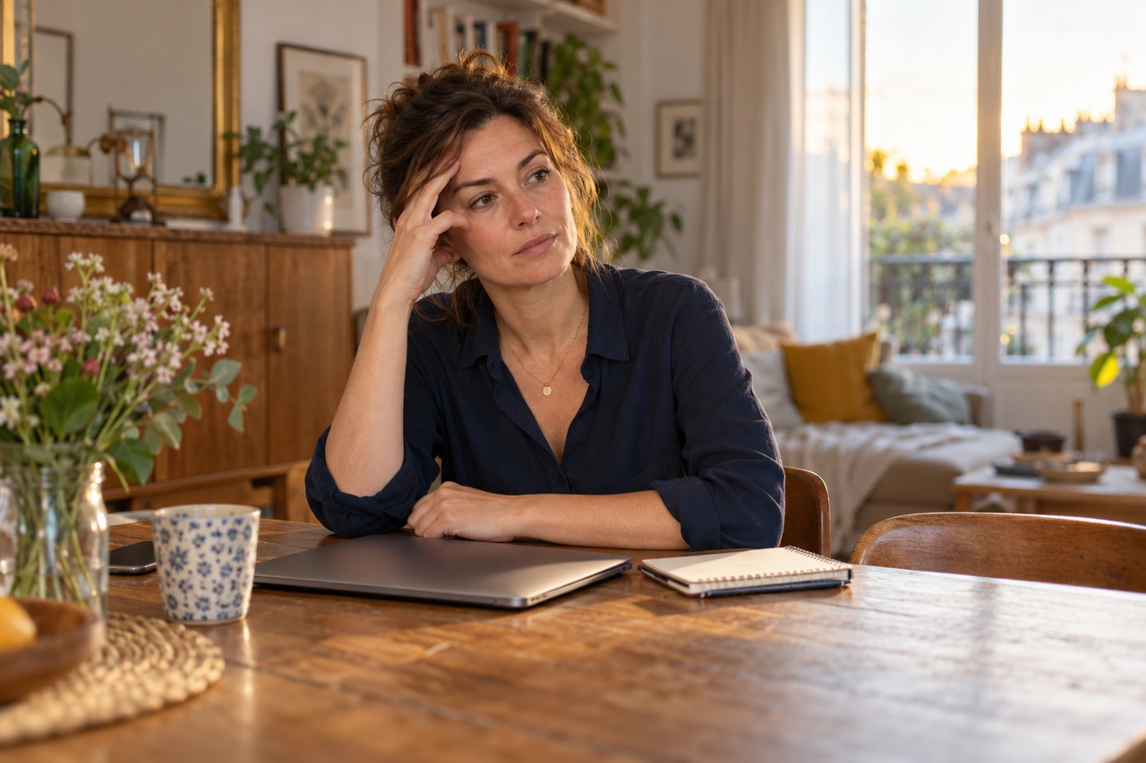 Femme assise à une table, ordinateur fermé, faisant une pause à la fin de sa journée.