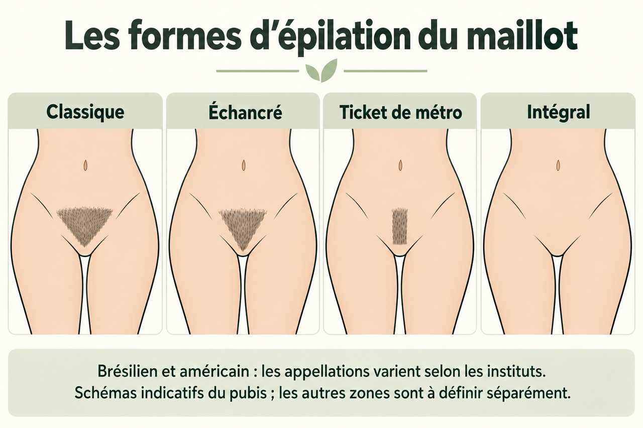 Schémas comparant les formes classique, échancrée, ticket de métro et intégrale sur le pubis.